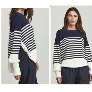 Sundays Alder Button Side Blue & White Striped Knit Long Sleeve Shirt Sweater